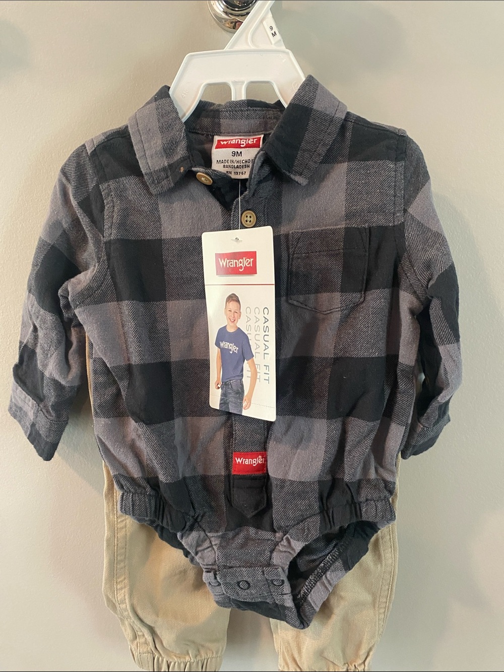 Wrangler Black and Gray Plaid Infant Button-Front Bodysuit